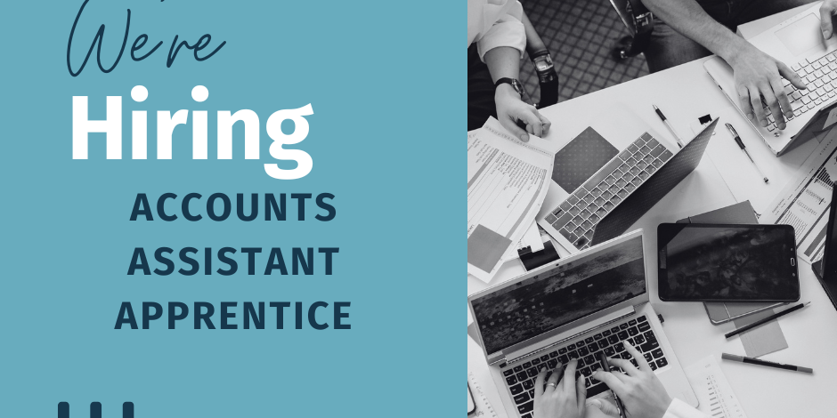 Turqoise Monochrome We’re Hiring Copywriter Facebook Post Graphic which says 'We're Hiring: Accounts Assistant Apprentice'