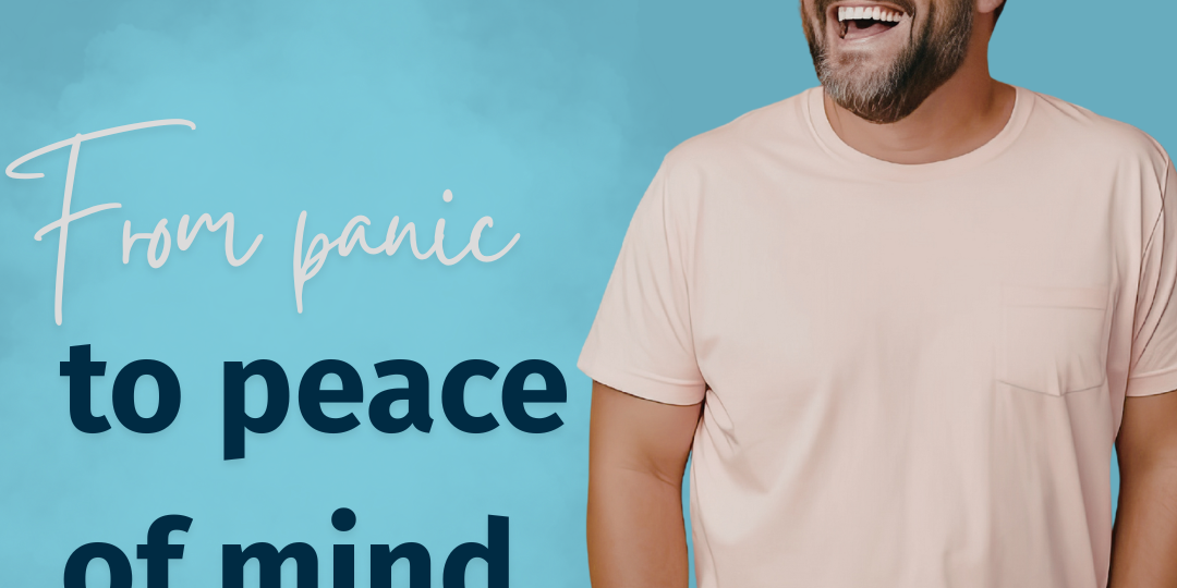 Image of a man in a pink t-shirt laughing and looking to the side. The text reads 'From panic to peace of mind.' There's the Ascentant logo and a logo showing 5 star reviews.
