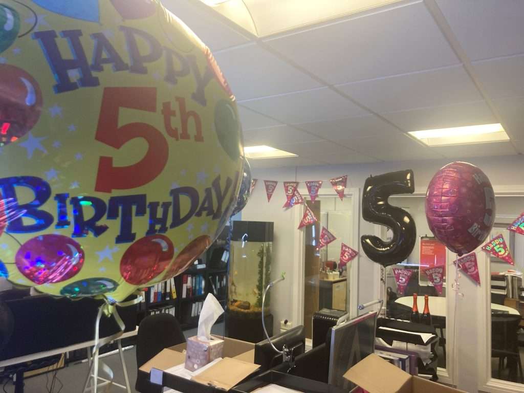 The office decorate with 5 balloons